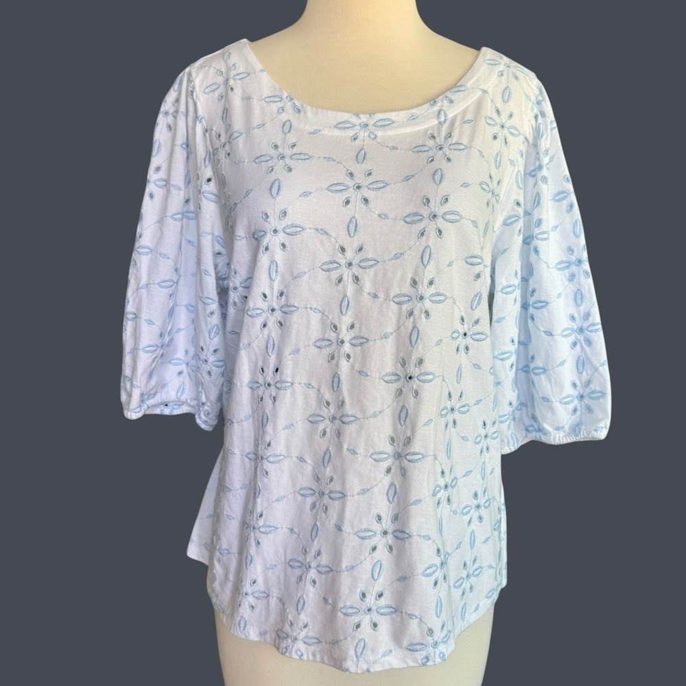 J. Jill White Blue Floral Eyelet Puff Sleeve Scoop Neck Blouse Women's Petite M